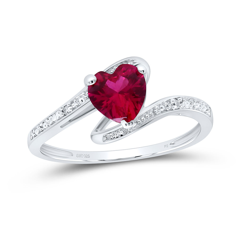 Sterling Silver Womens Heart Lab-Created Ruby Solitaire Diamond Ring 1.00 Cttw (1.55 grams)