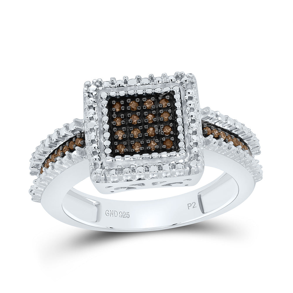 Sterling Silver Womens Round Brown Diamond Square Cluster Ring 1/6 Cttw (4.61 grams)