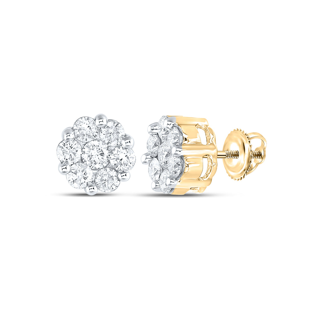 14Kt Yellow Gold Womens Round Diamond Large Flower Cluster Stud Earrings 1-1/2 Cttw (3.03 grams)