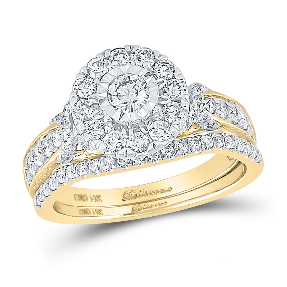 Gold Halo Bridal Wedding Ring Band Set 1 Cttw Round Natural Diamond Womens (5.78 grams)