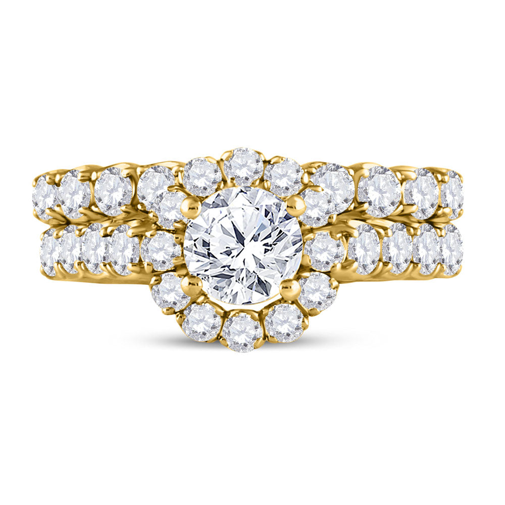 Gold Halo Bridal Wedding Ring Band Set 2 Cttw Round Natural Diamond Womens (4.7 grams)