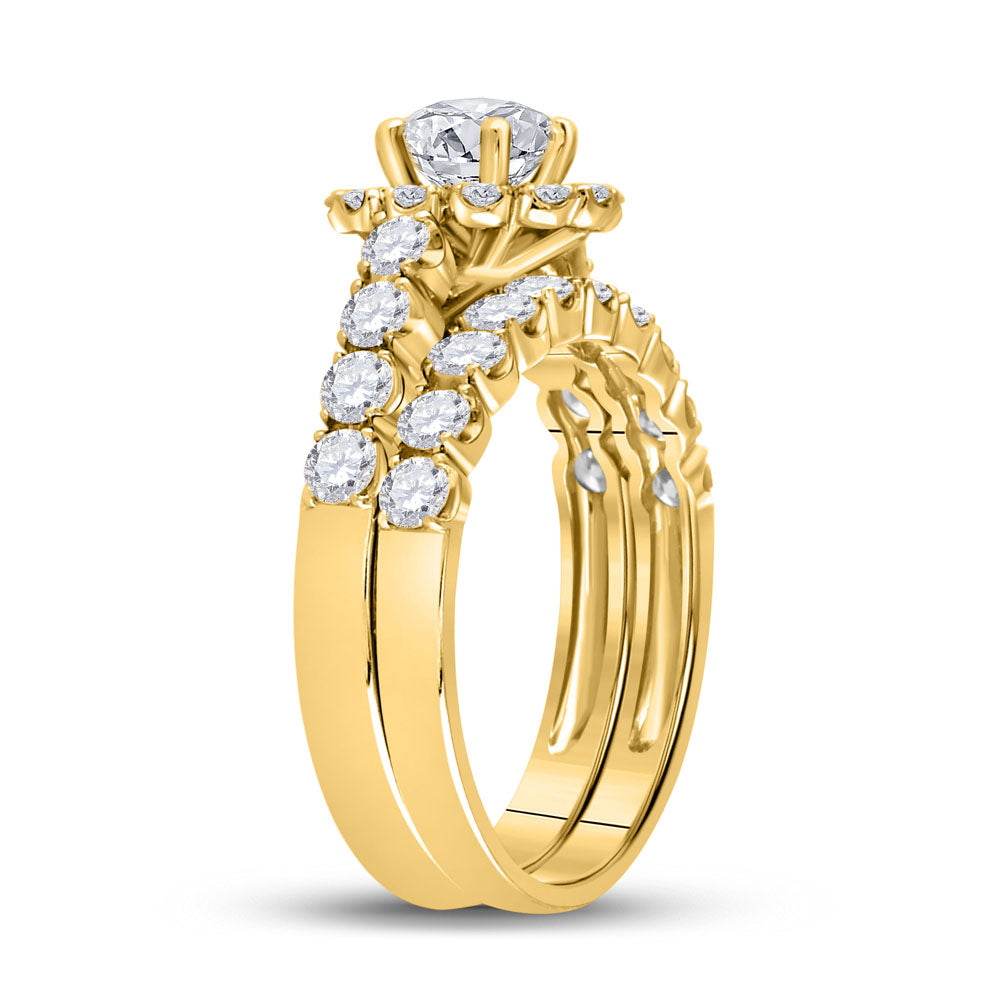Gold Halo Bridal Wedding Ring Band Set 2 Cttw Round Natural Diamond Womens (4.7 grams)