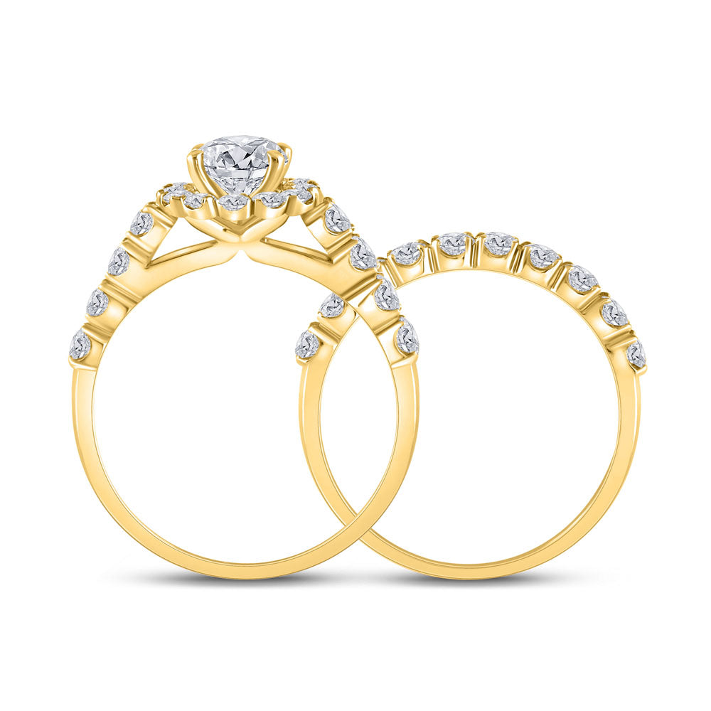 Gold Halo Bridal Wedding Ring Band Set 2 Cttw Round Natural Diamond Womens (4.7 grams)