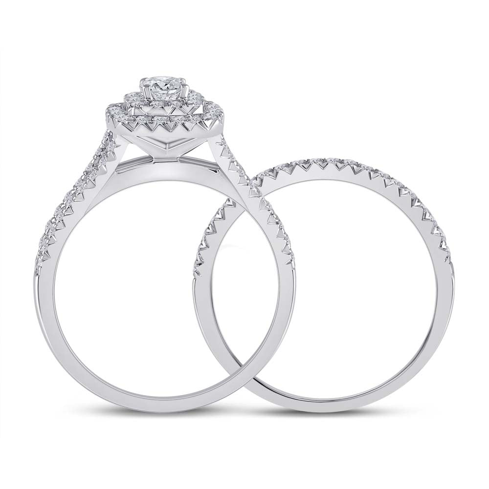 Gold Halo Bridal Wedding Ring Band Set 1 Cttw Round Natural Diamond Womens (4.61 grams)