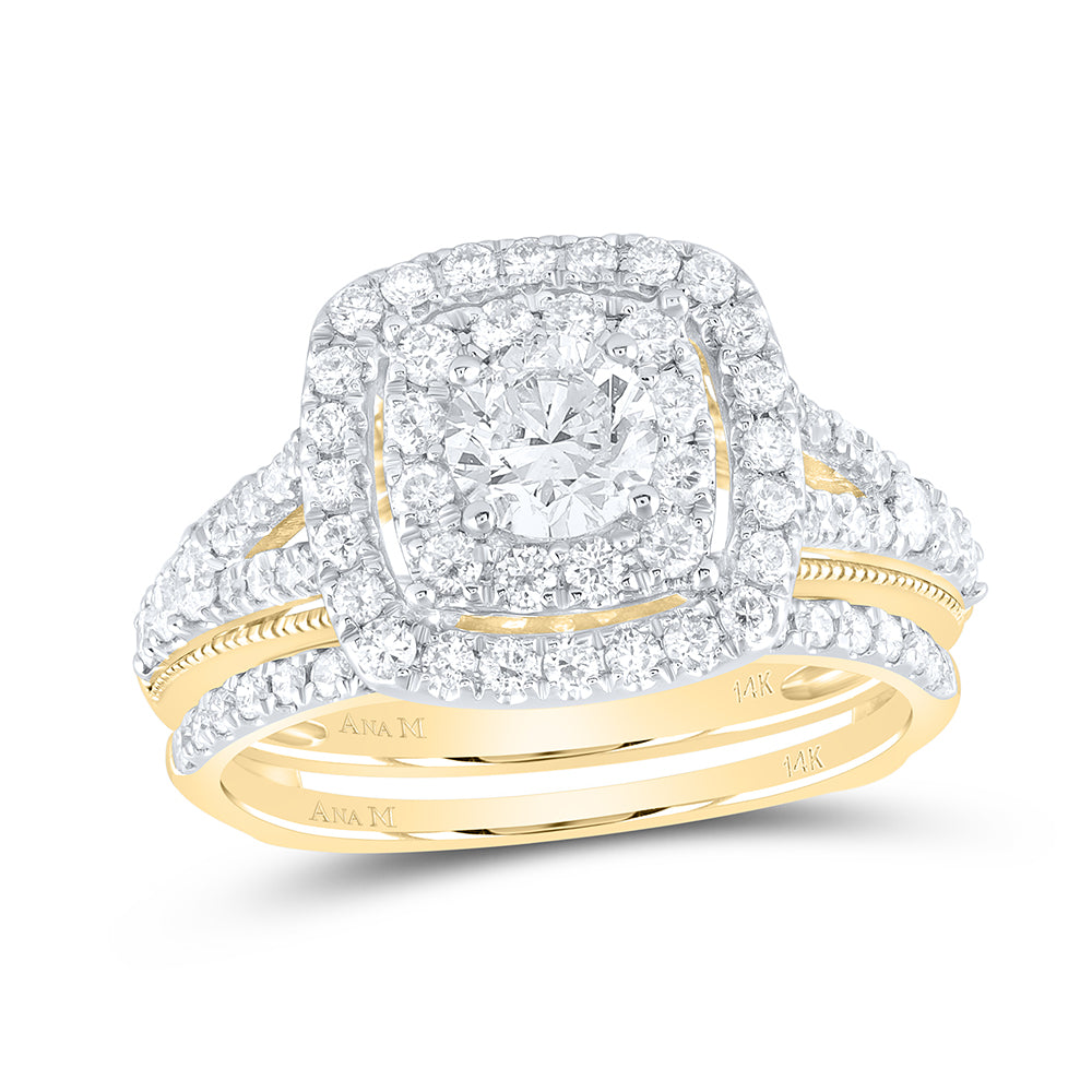 Gold Halo Bridal Wedding Ring Band Set 1-1/2 Cttw Round Natural Diamond Womens (6.98 grams)