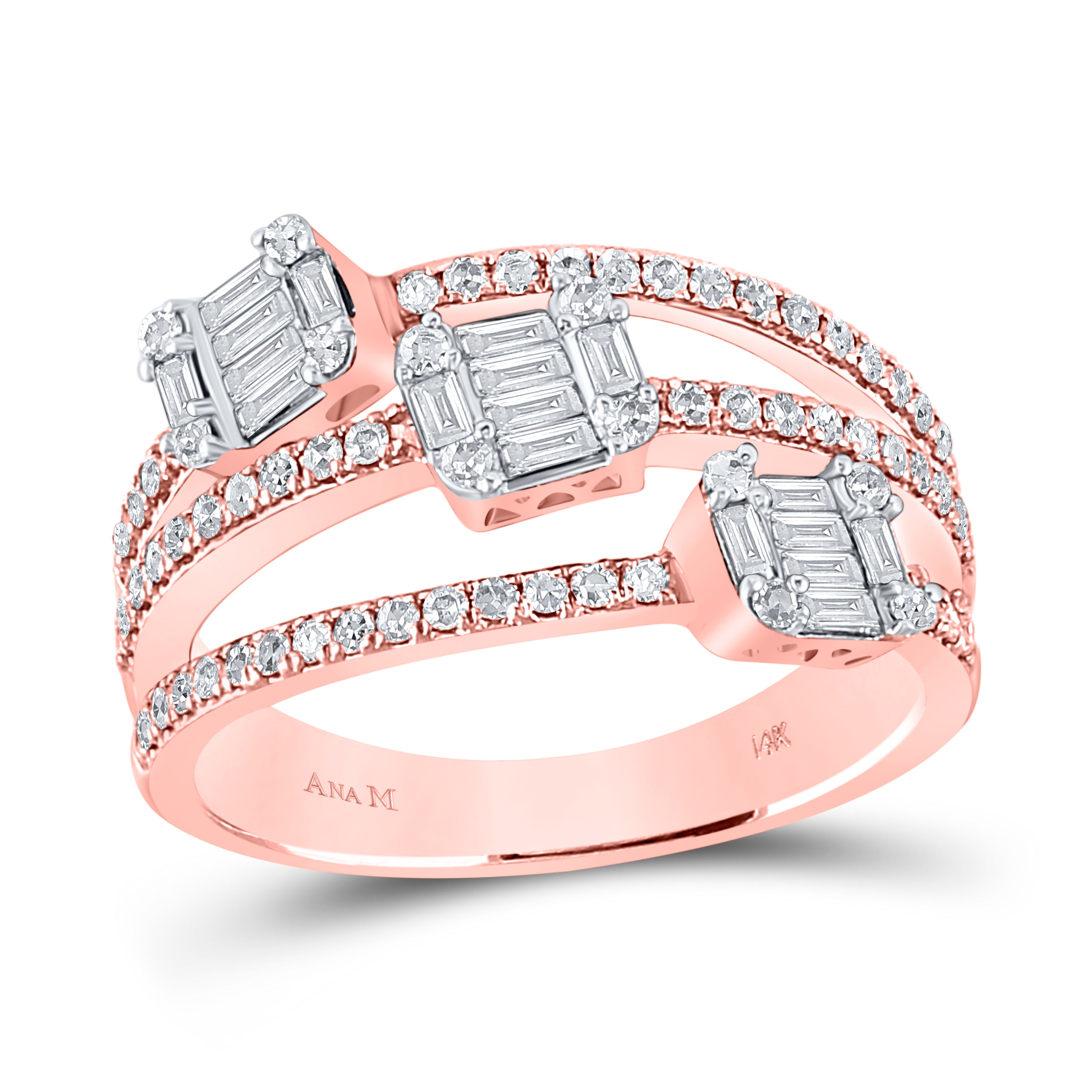 14Kt Rose Gold Womens Baguette Diamond Cluster 3-Stone Ring 3/4 Cttw (4.6 grams)