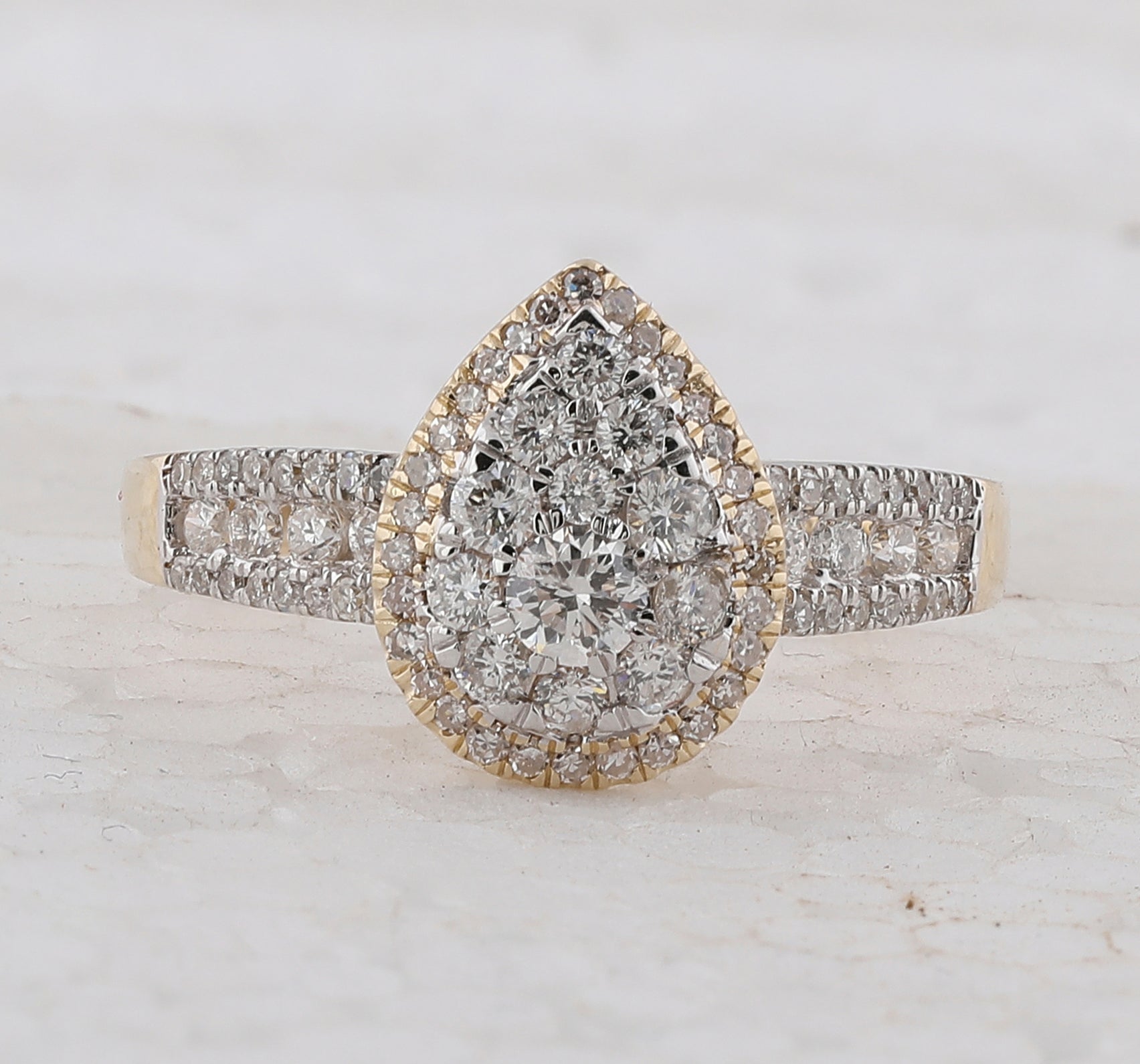 14Kt Yellow Gold Womens Round Diamond Pear Cluster Bridal Wedding Engagement Ring 3/4 Cttw (2.88 grams)