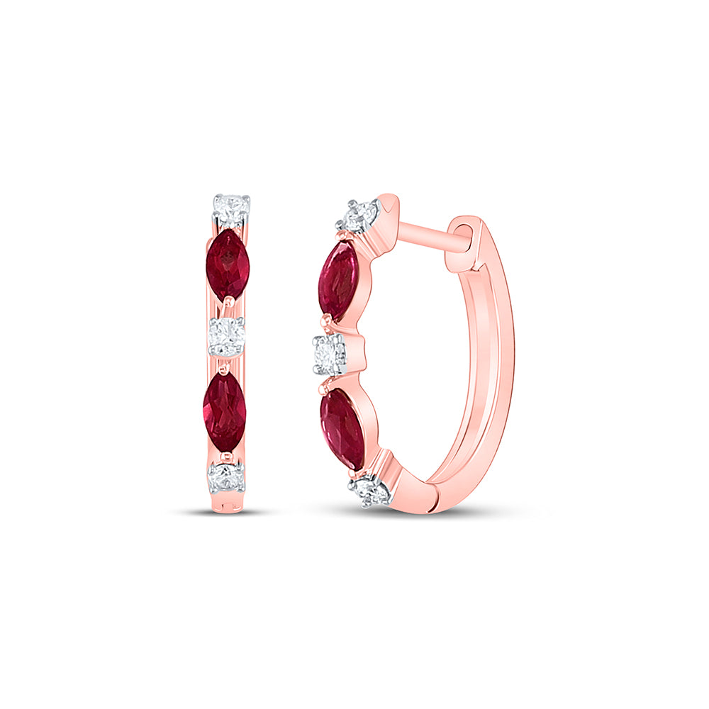 14Kt Rose Gold 1/8Ctw-Diamond 1/3Ct Synthetic Mq-Ruby Gem Hoops (1.87 grams)