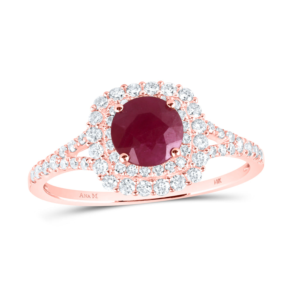 14Kt Rose Gold 3/8Ctw-Dia Cn 6.00Mm Ruby Bridal Natural Gem Ring (1.54 grams)