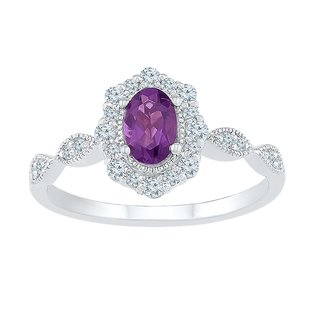 10Kt White Gold 1/2Ctw Amethyst 1/3Ct-Lbws Synthetic Gemstone Ring (1.83 grams)