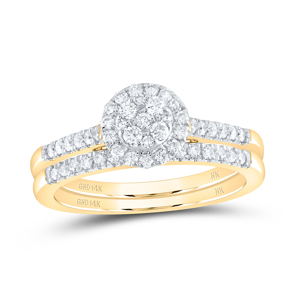 Gold Cluster Bridal Wedding Ring Band Set 1/2 Cttw Round Natural Diamond Womens (3.64 grams)