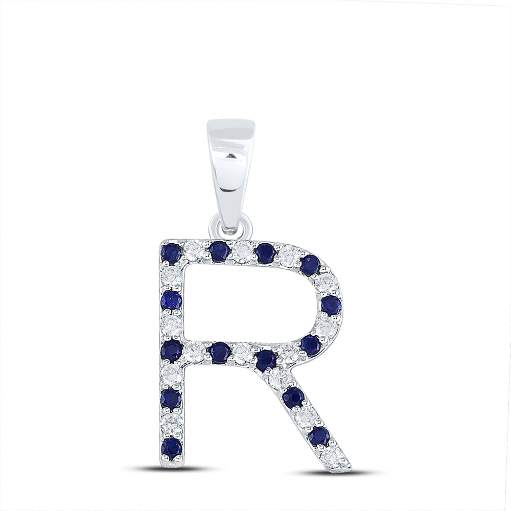 1/10Ctw-Diamond 1/8Ctw-Blue Sapp Natural Gem Initial "R" Pendant (1.1 grams)