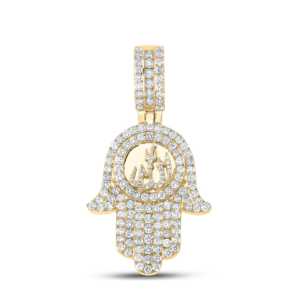 Gold Allah Hamsa Charm Pendant 3 Cttw Round Natural Diamond Mens (13.58 grams)
