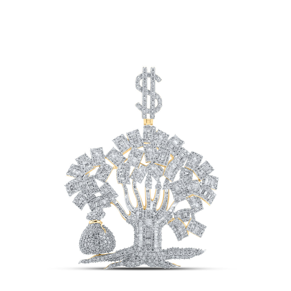 Gold Money Tree Charm Pendant 6-1/2 Cttw Baguette Natural Diamond Mens (17.73 grams)