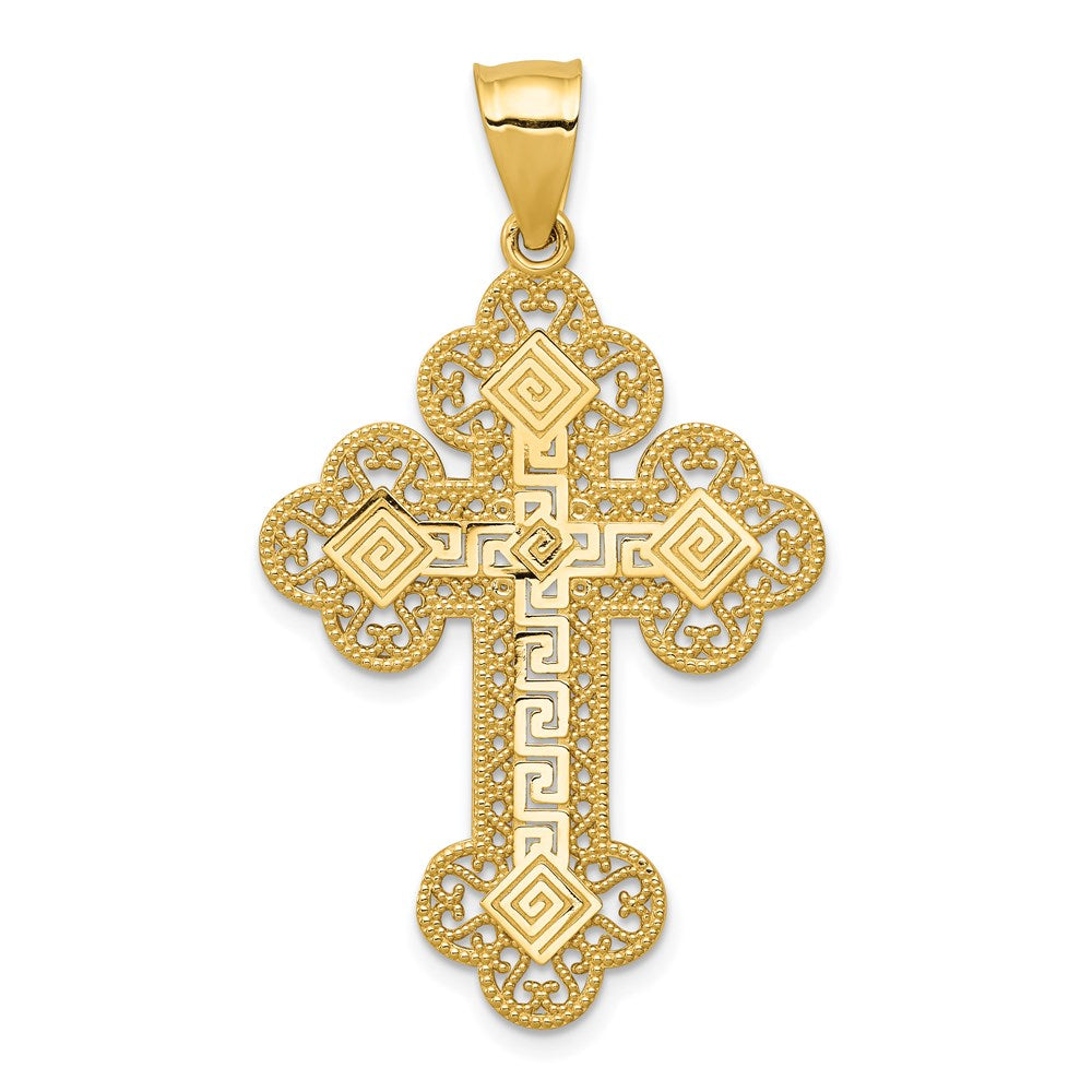 14k Yellow Gold 25 mm Budded Greek Key Cross Pendant (3.26 grams)