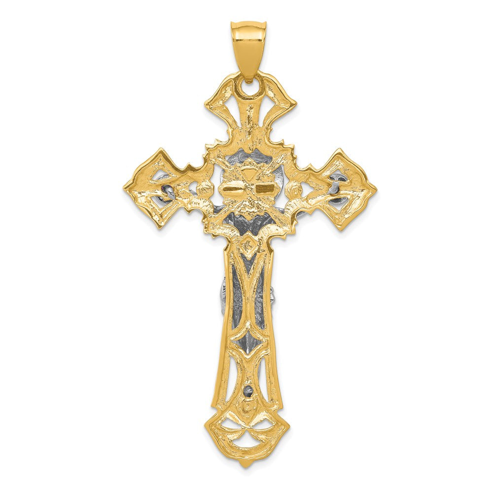 14k Two-tone 37 mm Polished with Red CZ Cubic Zirconias Jesus Crucifix Pendant (12.12 grams)