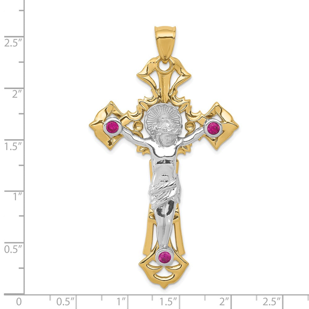 14k Two-tone 37 mm Polished with Red CZ Cubic Zirconias Jesus Crucifix Pendant (12.12 grams)