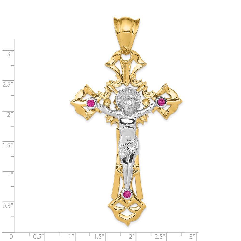 14k Two-tone 48 mm Polished with Red CZ Cubic Zirconias Jesus Crucifix Pendant