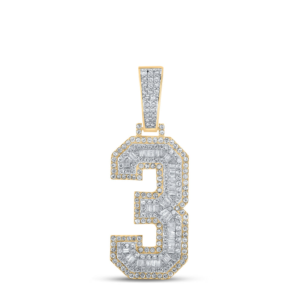 Gold Number 3 Charm Pendant 1-1/2 Cttw Baguette Natural Diamond Mens (7.59 grams)
