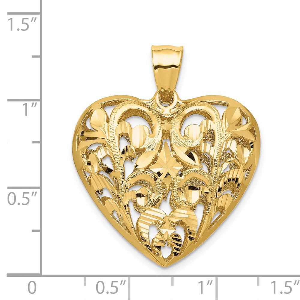 14k Yellow Gold 27 mm Polished Diamond-cut Filigree 3-D Heart Pendant (7.43 grams)
