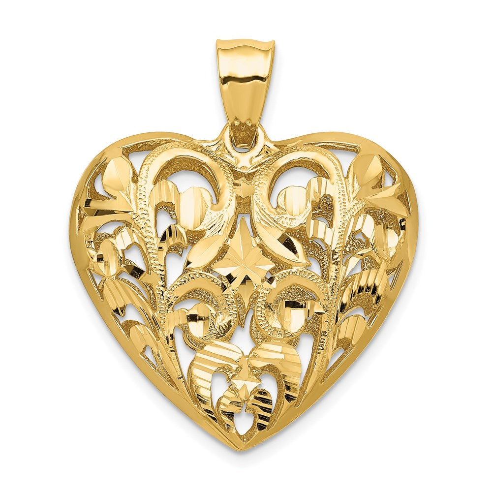 14k Yellow Gold 27 mm Polished Diamond-cut Filigree 3-D Heart Pendant (7.43 grams)