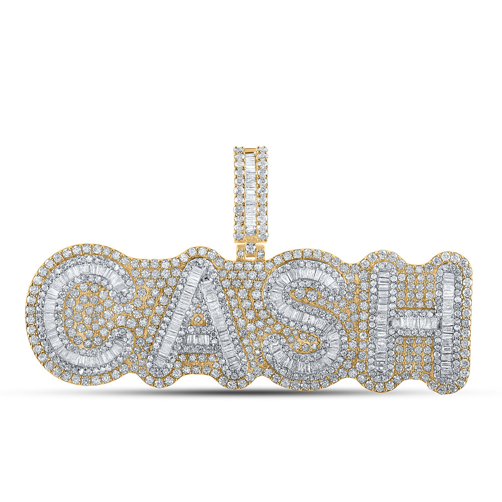 Gold CASH Phrase Charm Pendant 7-1/3 Cttw Baguette Natural Diamond Mens (27.81 grams)