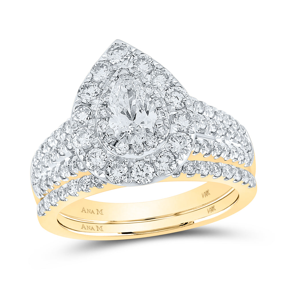 Gold Halo Bridal Wedding Ring Band Set 2 Cttw Pear Natural Diamond Womens (7.32 grams)
