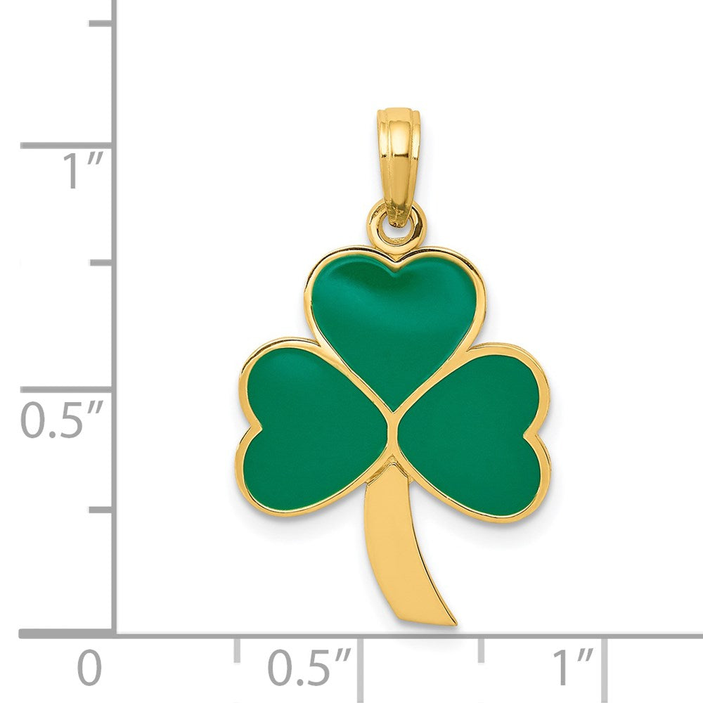 14k Yellow Gold 15 mm Green Enameled Shamrock Pendant (1.76 grams)