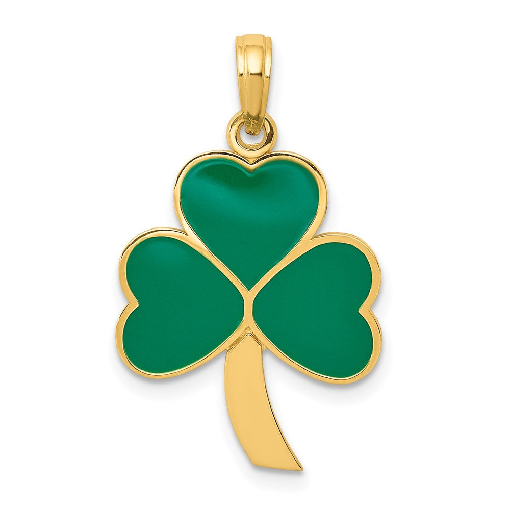14k Yellow Gold 15 mm Green Enameled Shamrock Pendant (1.76 grams)