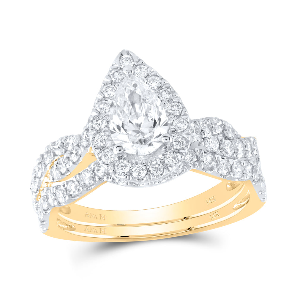 Gold Halo Bridal Wedding Ring Band Set 1-1/2 Cttw Pear Natural Diamond Womens (5 grams)