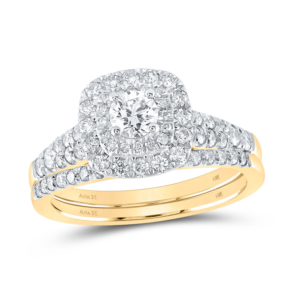 Gold Halo Bridal Wedding Ring Band Set 1 Cttw Round Natural Diamond Womens (4.72 grams)
