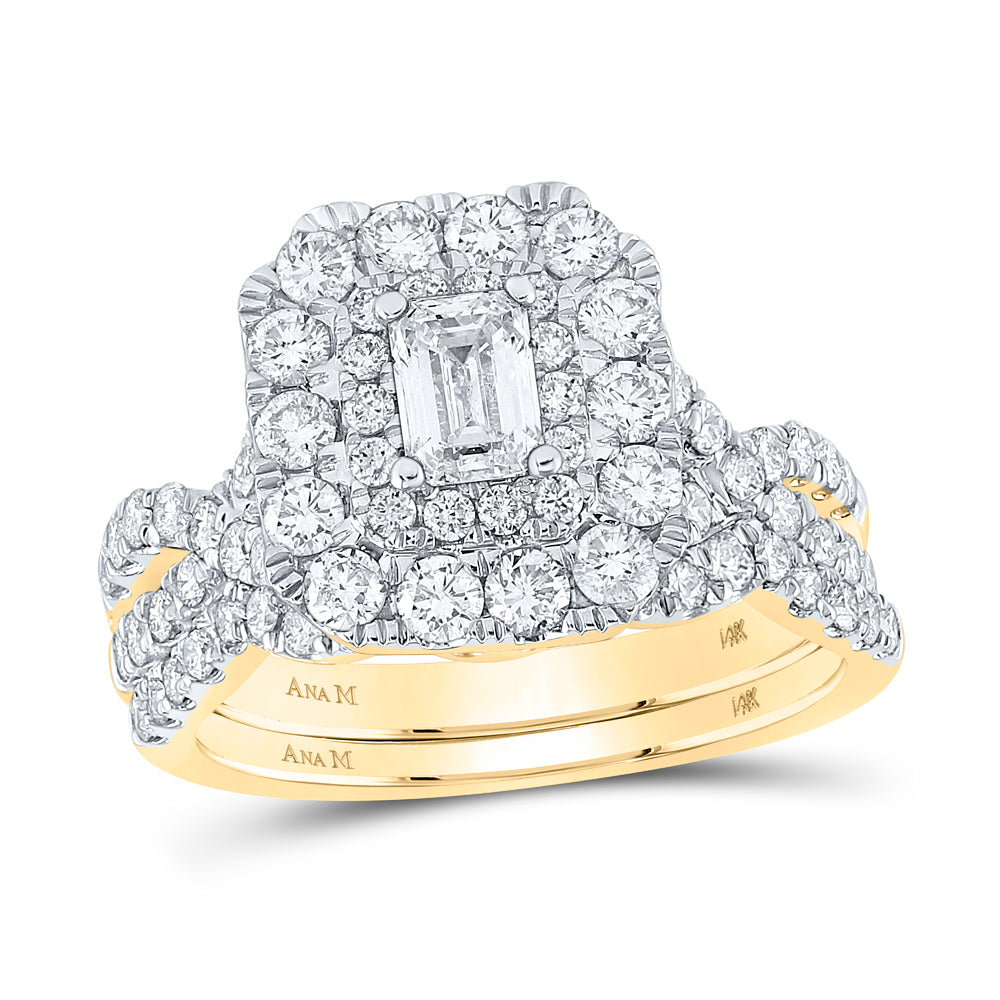 Gold Halo Bridal Wedding Ring Band Set 2 Cttw Emerald Natural Diamond Womens (6.1 grams)