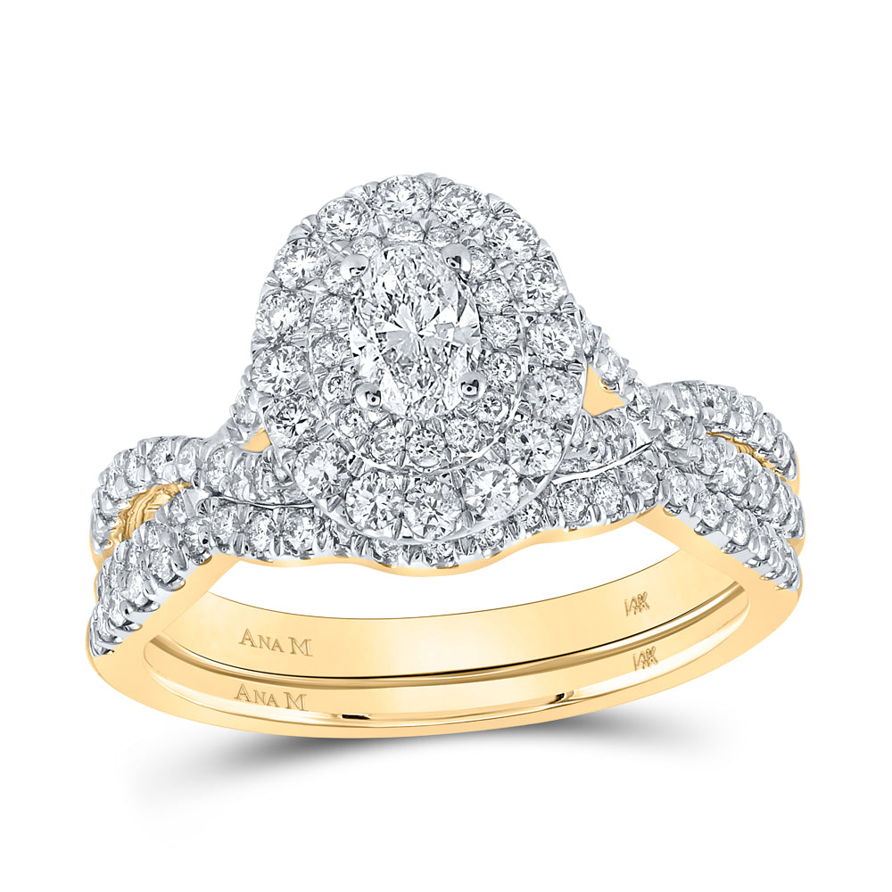 Gold Halo Bridal Wedding Ring Band Set 1 Cttw Oval Natural Diamond Womens (4.93 grams)