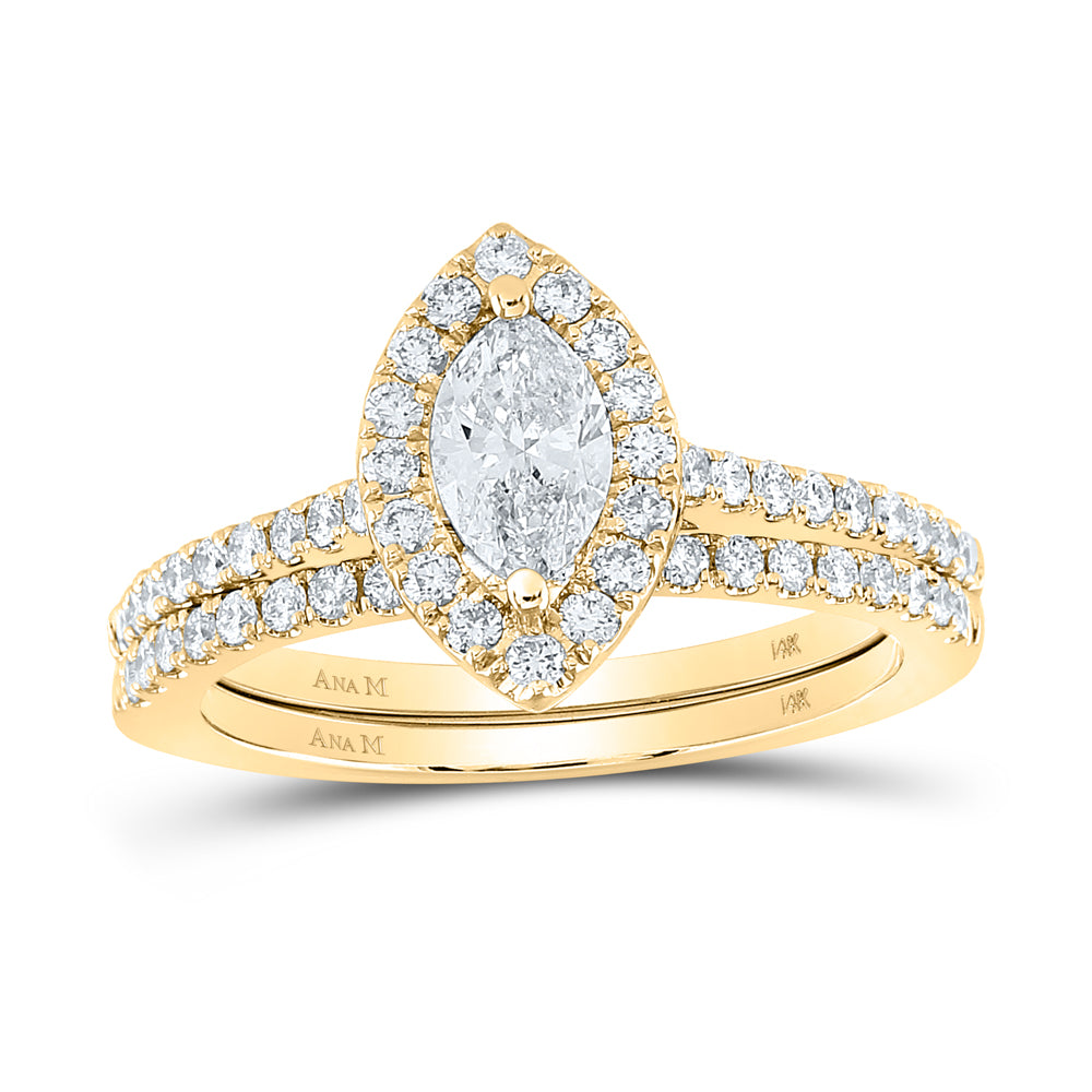 Gold Halo Bridal Wedding Ring Band Set 1 Cttw Marquise Natural Diamond Womens (3.61 grams)