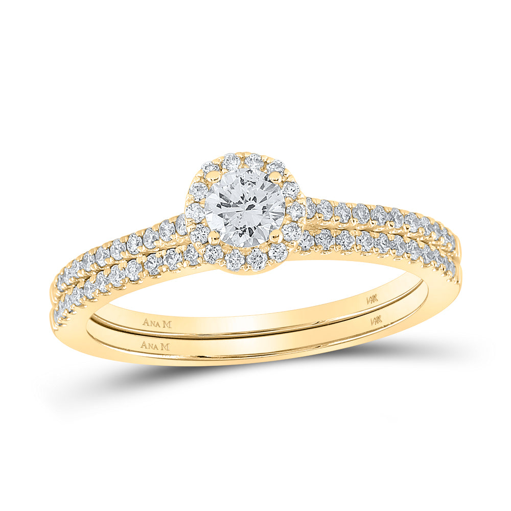 Gold Halo Bridal Wedding Ring Band Set 5/8 Cttw Round Natural Diamond Womens (2.86 grams)