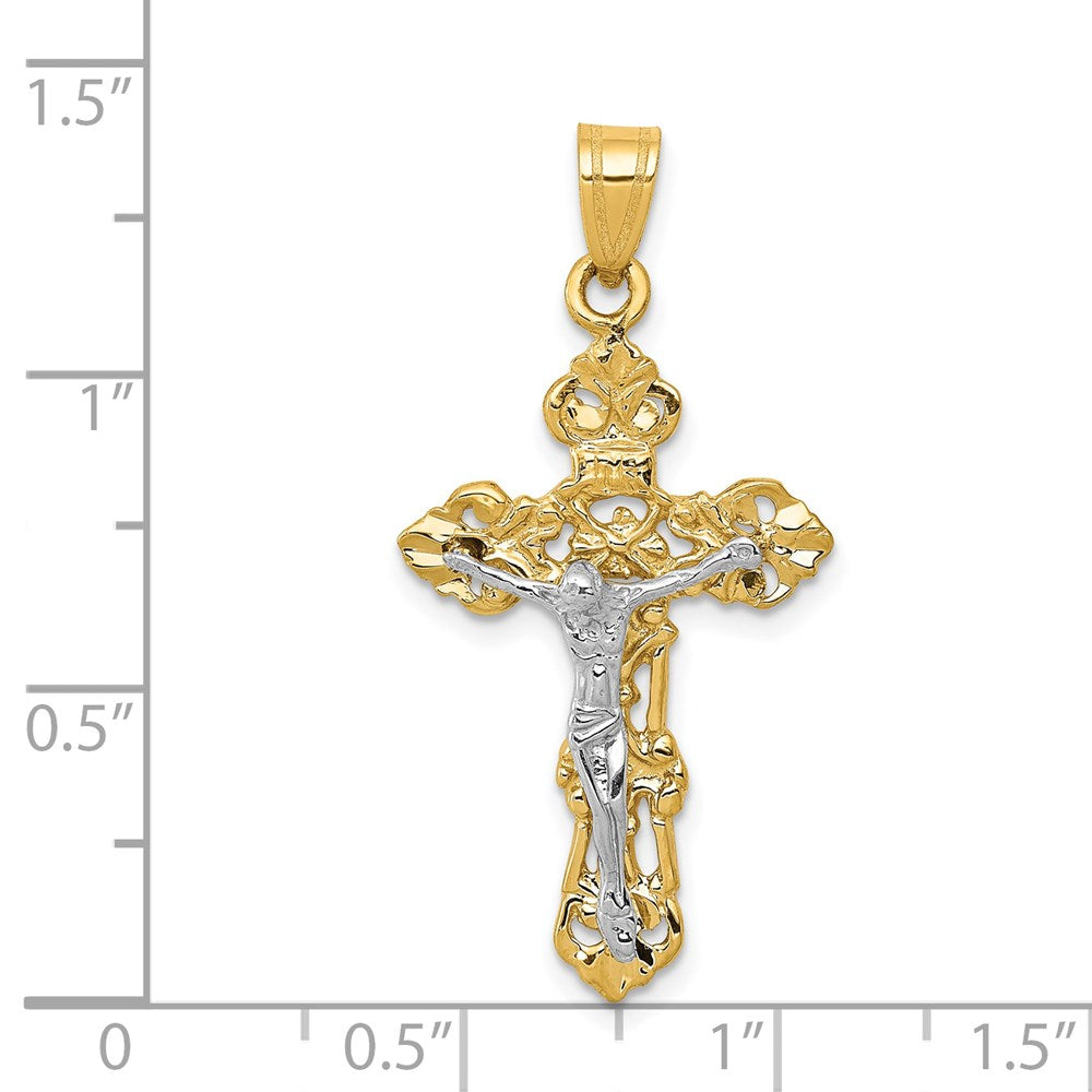 14k Two-tone 18 mm Fleur De Lis Jesus Crucifix Pendant