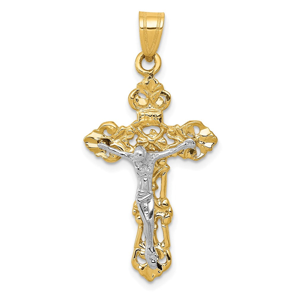 14k Two-tone 18 mm Fleur De Lis Jesus Crucifix Pendant (1.41 grams)