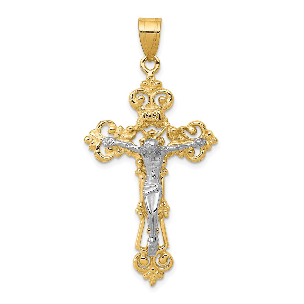 14k Two-tone 23 mm INRI Fleur De Lis Jesus Crucifix Pendant (2.86 grams)