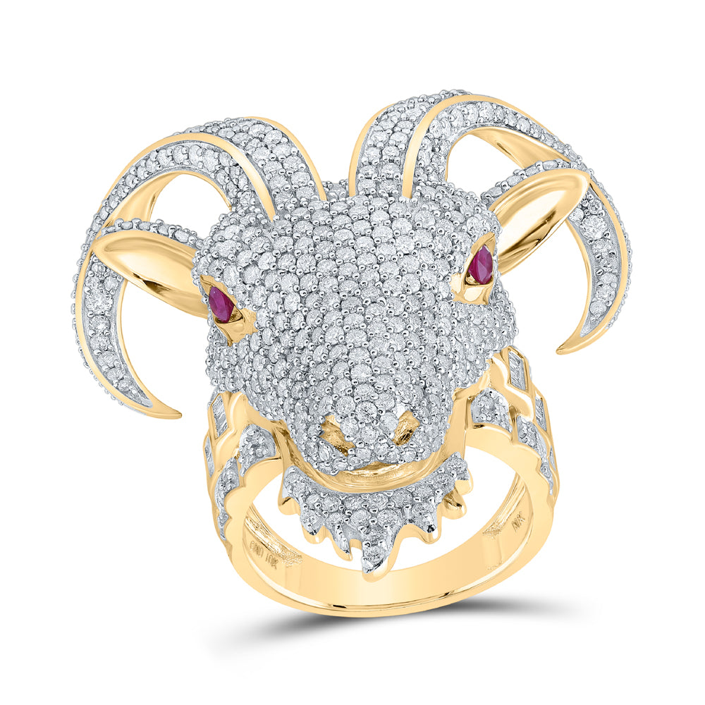 10Kt Yellow Gold 5 7/8Ctw-Diamond 1/5Ct-Ruby Goat Mens Ring (21.11 grams)