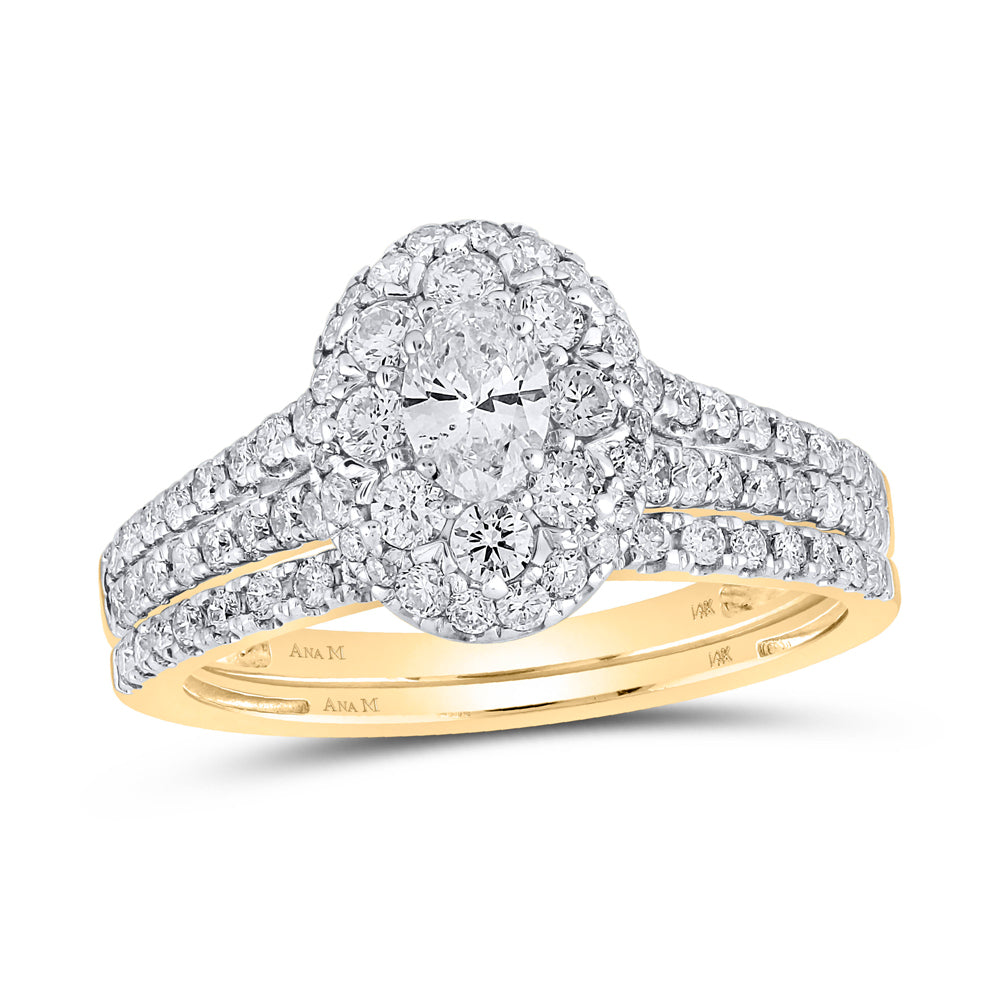 Gold Halo Bridal Wedding Ring Band Set 1 Cttw Oval Natural Diamond Womens (4.07 grams)