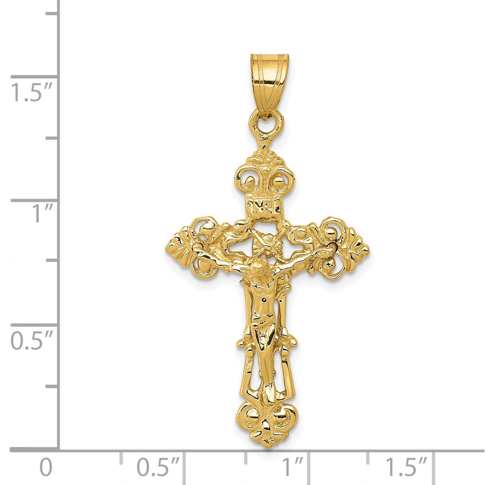 14k Yellow Gold 21 mm INRI Fleur De Lis Jesus Crucifix Pendant (2.17 grams)