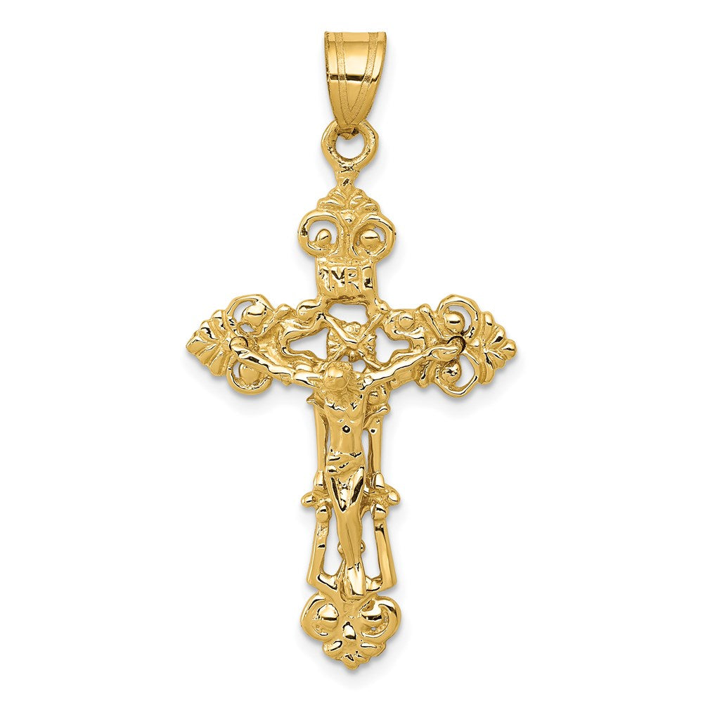 14k Yellow Gold 21 mm INRI Fleur De Lis Jesus Crucifix Pendant (2.17 grams)