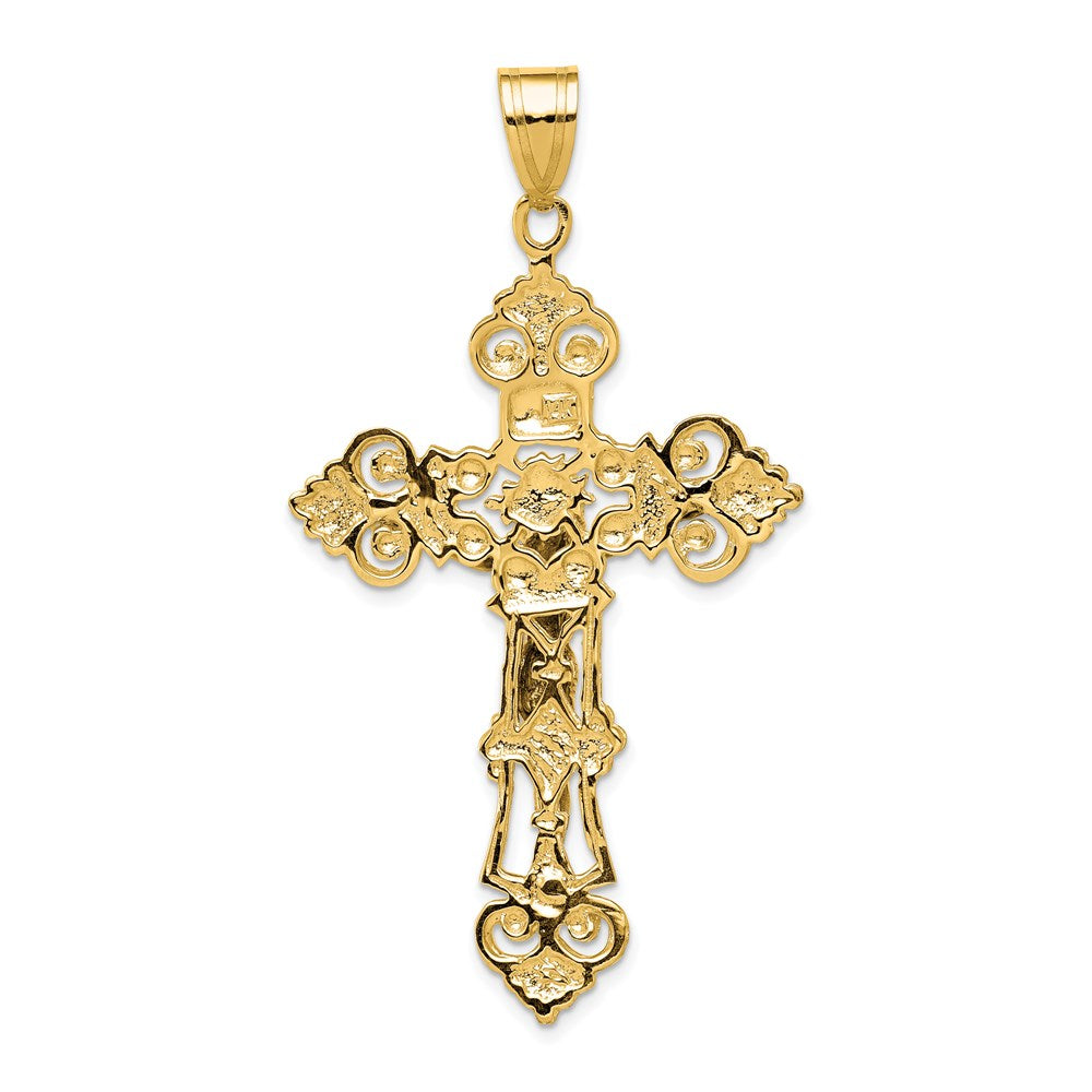 14k Yellow Gold 31 mm INRI Fleur De Lis Jesus Crucifix Pendant (5.79 grams)