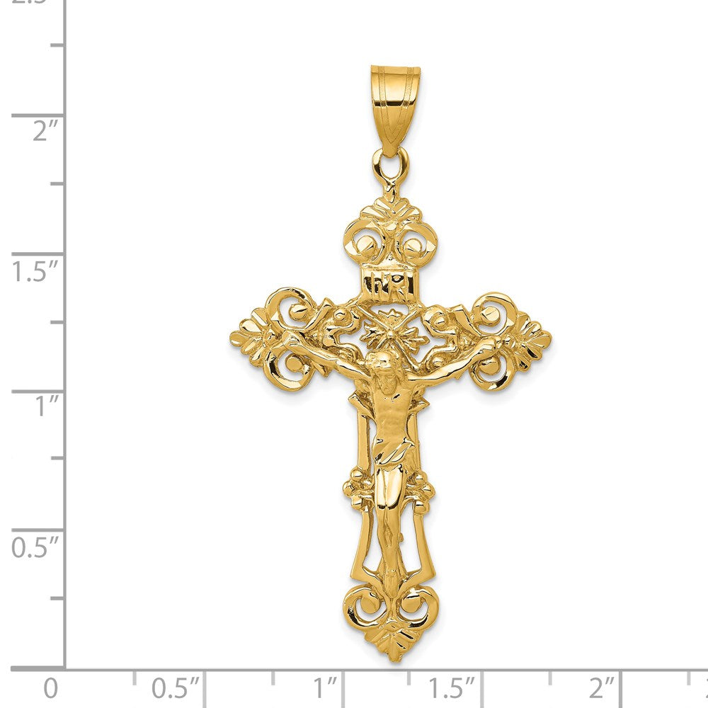 14k Yellow Gold 31 mm INRI Fleur De Lis Jesus Crucifix Pendant (5.79 grams)