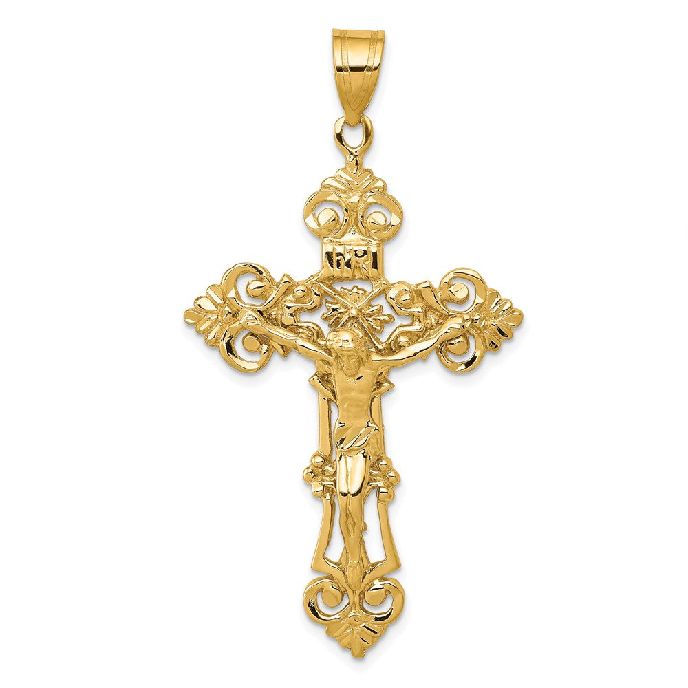 14k Yellow Gold 31 mm INRI Fleur De Lis Jesus Crucifix Pendant (5.79 grams)
