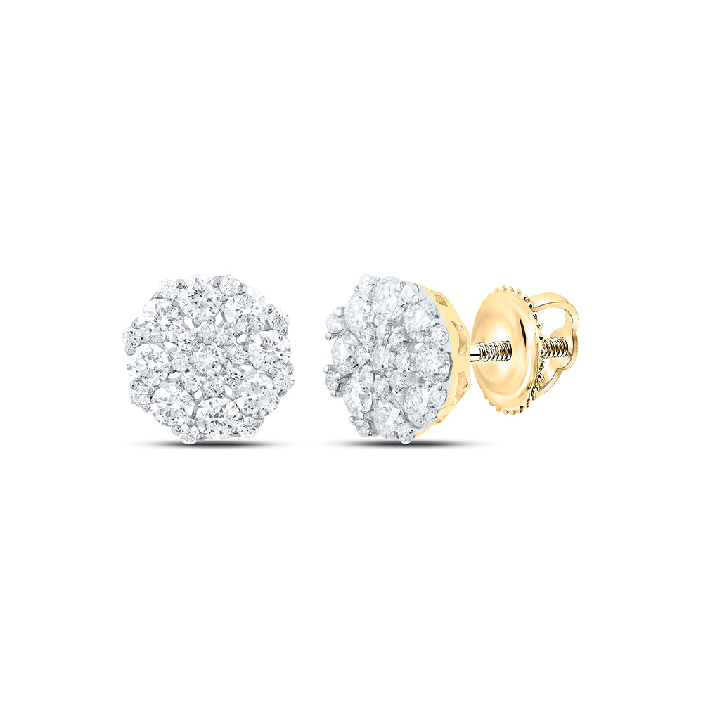 Gold Octagon Cluster Earrings 7/8 Cttw Round Natural Diamond Womens (1.81 grams)