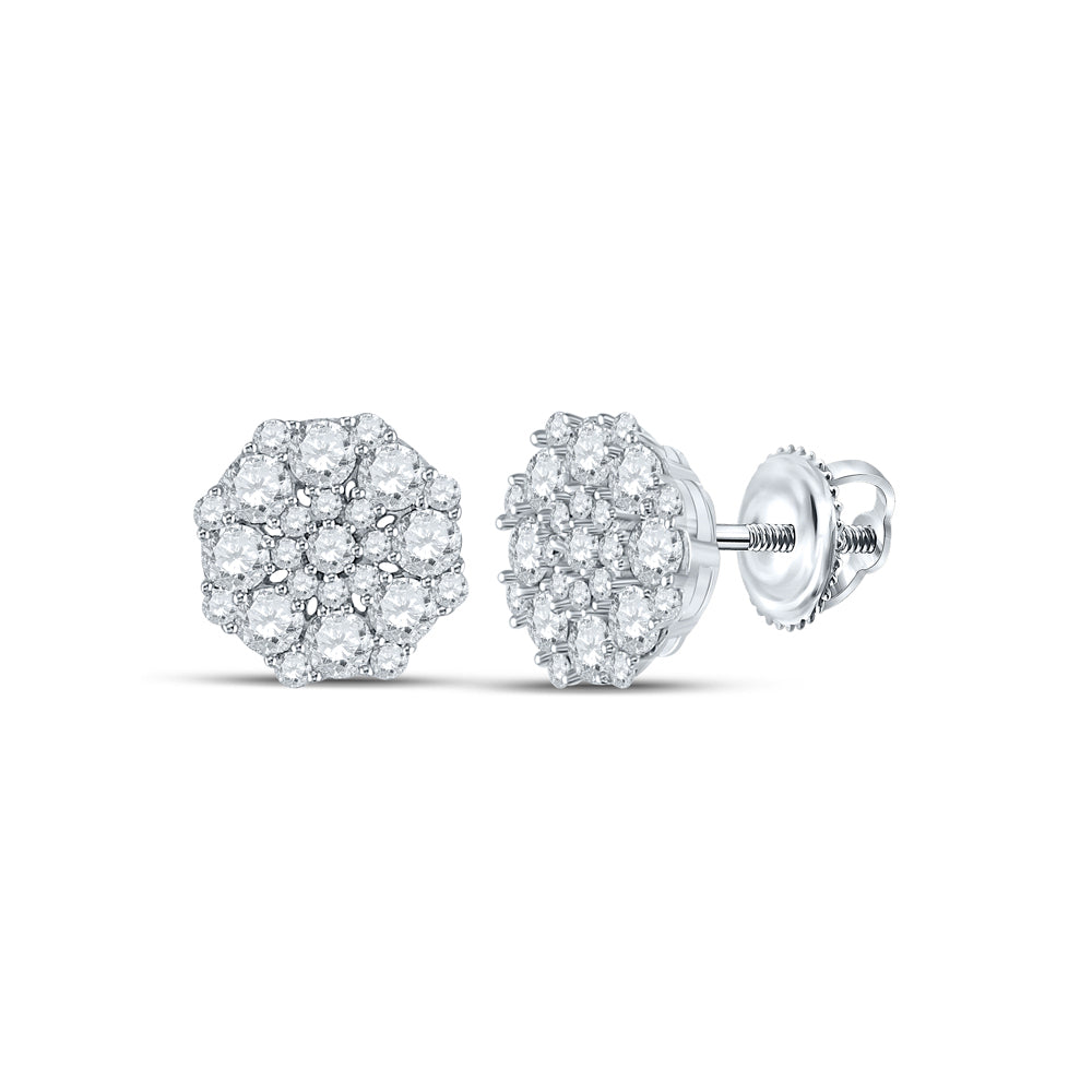 Gold Octagon Cluster Earrings 1-1/4 Cttw Round Natural Diamond Womens (2.26 grams)