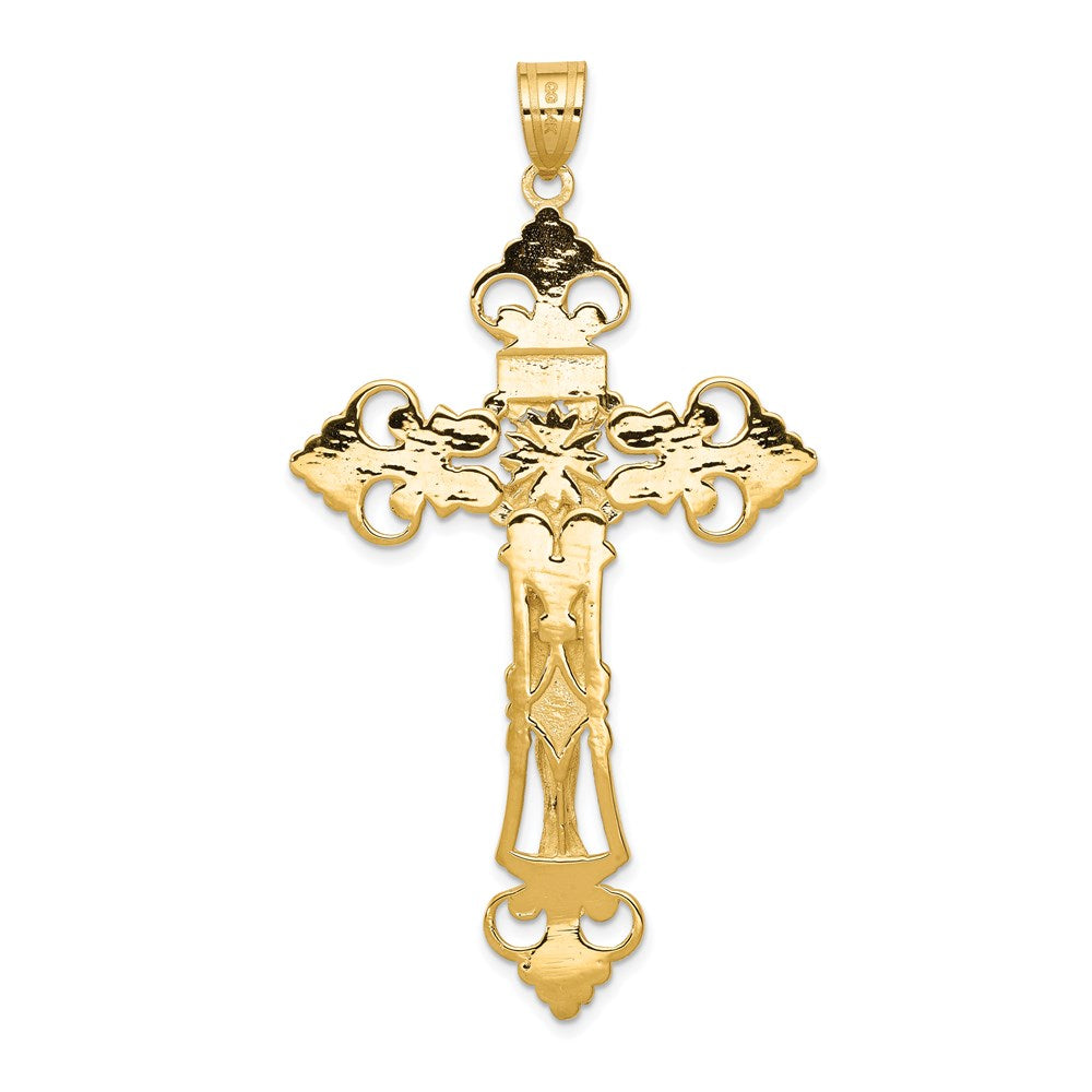 14k Yellow Gold 36 mm INRI Fleur De Lis Jesus Crucifix Pendant (9.77 grams)