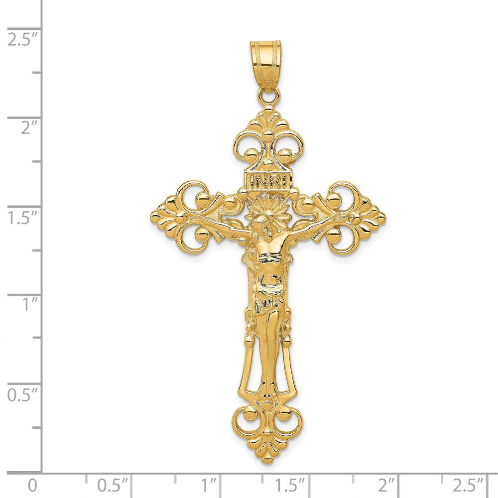 14k Yellow Gold 36 mm INRI Fleur De Lis Jesus Crucifix Pendant (9.77 grams)