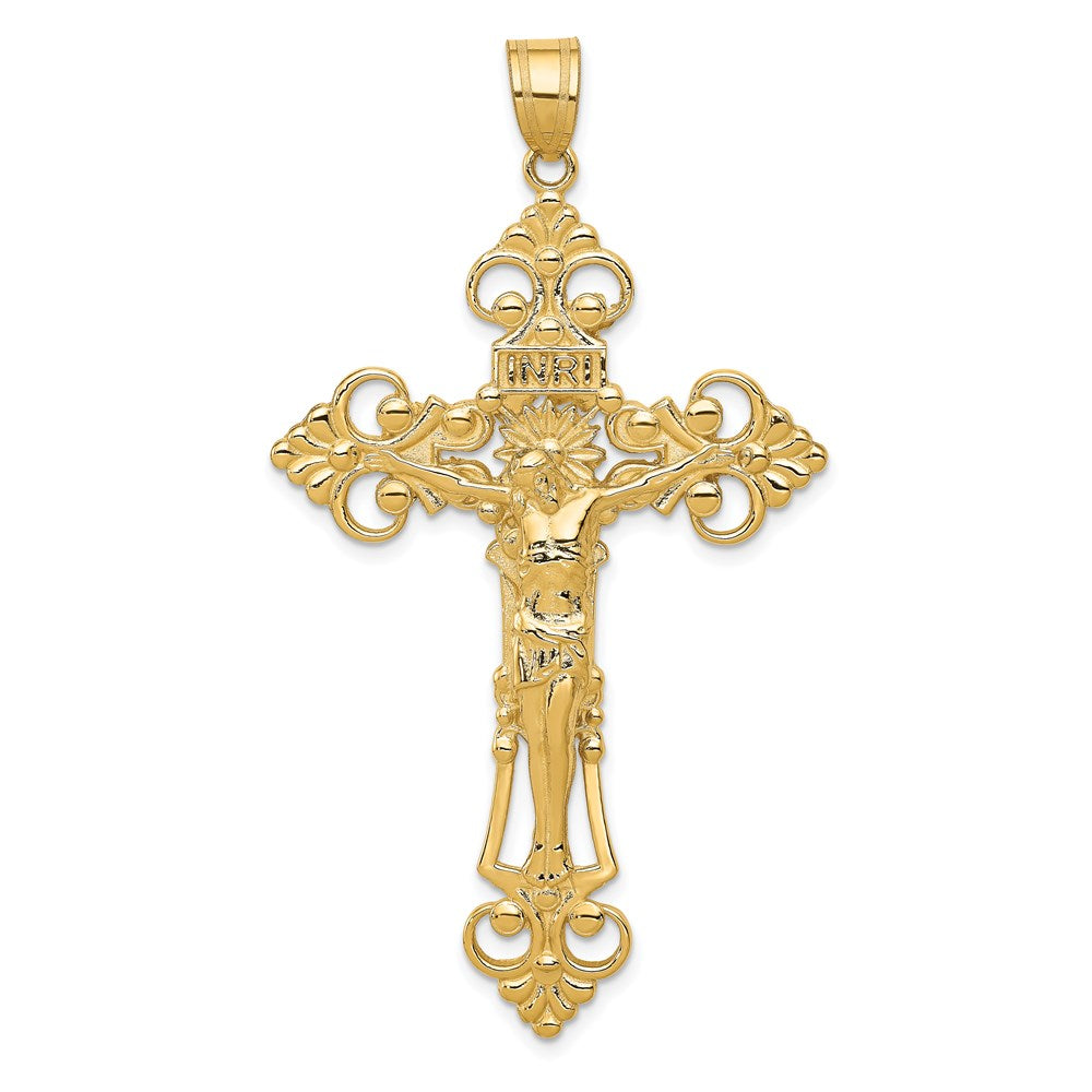 14k Yellow Gold 36 mm INRI Fleur De Lis Jesus Crucifix Pendant (9.77 grams)